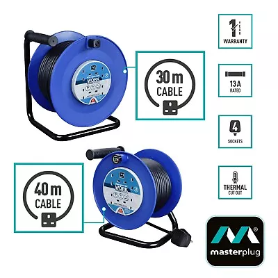 Extension Reel 40m / 30m Lead 4 Gang Sockets Open Cable Handle Blue - Masterplug • £48.49