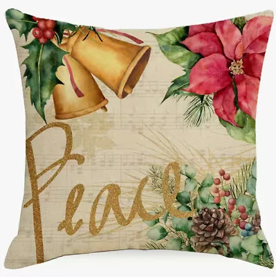 PEACE Music Poinsettia Christmas Throw Pillow Cover Winter Holiday Home Decor • $13.08