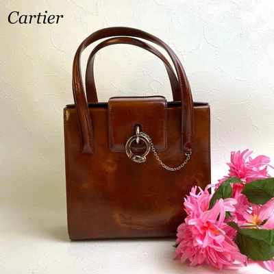 $279.98 • Buy Cartier Panthere Enamel Leather Crown Top Handle Handbag  Silver Metal Fittings