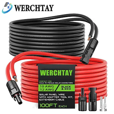 WERCHTAY 1 Pair Solar Panel Extension Cable Wire Black & Red 12/10 AWG Connector • £9.98