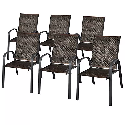 Patiojoy Set Of 6 Patio Rattan Dining Chairs Stackable Armrest Garden Mix Brown • $269.99
