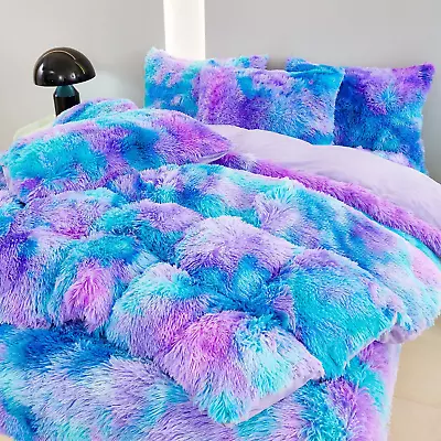 Blue Purple Fluffy Twin Bedding Sets For Girls 3Pcs Faux Fur Plush Shaggy Kids D • $73.89