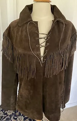 Vtg Cowboy Suede Leather Jacket Fringes Front & Back XL Native American Design • $100