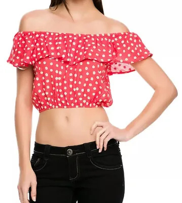 Y2K Coral White Daisy Ruffled Off Shoulders Crop Cropped Top Fairycore Gypsy • $18.46