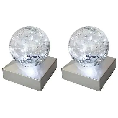 2 Solar Deck Cap Post Lights Outdoor Garden Crackle Glass Ball Lights Cool White • £14.49