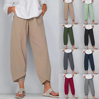Summer Womens Cotton Linen Baggy Solid Casual Harem Pants Trousers Cropped Capri • $17.69