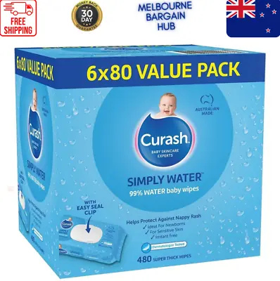 New Curash Simply Water Baby Wipes Pack Of 480 (6 X 80 Pack) | Free Delivery AU • $34.23