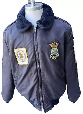 Vintage Timber King Navy Blue Embroidered Air Force Zip Jacket Large Patches • $9.99