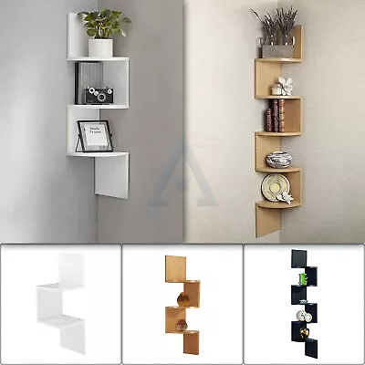 2 3 & 5 Tier Wall Mount Zig Zag Corner Shelf Rustic Wood Floating Shelves Book • £17.95