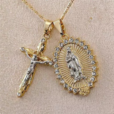 Men Gold Filled Cross Crucifix Necklace + Virgin Mary Crucifix Jesus Pendant • $2.44