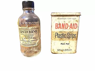 LOT 2Antique Band Aid W/ Bandaids And Lambert Pharmacal Company Listerine Bottle • $14.99
