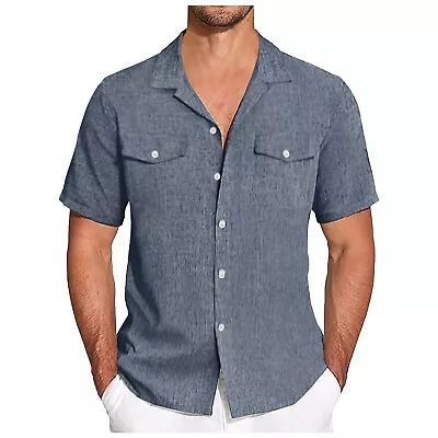 Mens Linen Short Sleeve Button Down Shirt Casual Summer Beach Shirts Vacation • $17.91