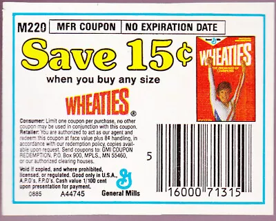Mary Lou Retton 1984 Olympic 1985 General Mills Wheaties Box Rare MFR Coupon • $19.95