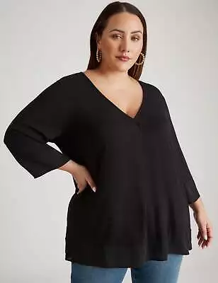 BeMe - Plus Size - Womens Tops -  3/4 Sleeve Curved Hem V Neck Mix Media Top • $17.21