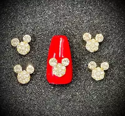 Crystal Rhinestone Mickey Mouse Head 3D Nail Art Set Of 5 Glass Gold Charms • $11.99