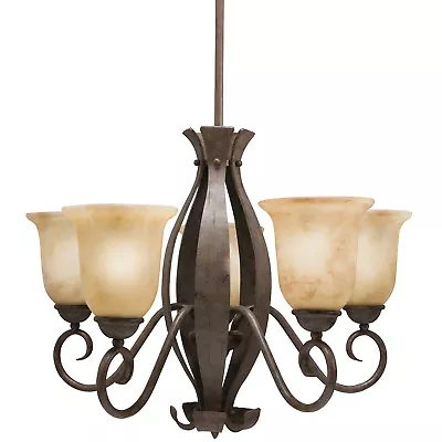 Aged Bronze Iron And Sunset Amber Glass 5-Light Chandelier $360 • $83.99