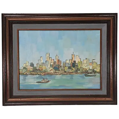 Vintage Modernist Cityscape Sea Port Painting Oil On Board Framed 18  X 22  • $150