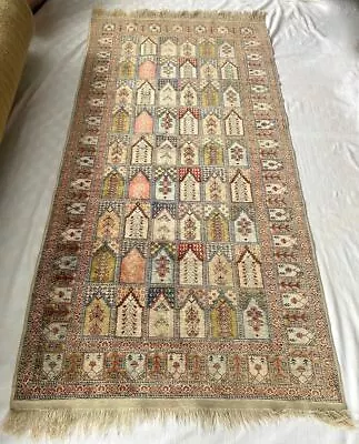 Large Vintage Silk Oriental Prayer Rug. Hand Made Mosque Lantern Lamp Motif RARE • $595