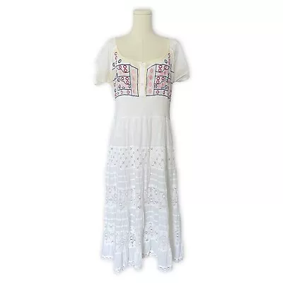 Royal Made Peasant Maxi Dress Women M/L White Embroidered Lined Cottage Mexican • £26.93