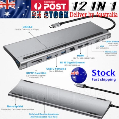 $52.99 • Buy 12 In 1 PC Laptop Docking Station Type-C HDMI 4K VGA PD USB 3.0 Hub For MacBook