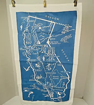 California Map Cotton Kitchen Tea Towel Souvenir Travel Vintage Blue Landmarks • $18.50
