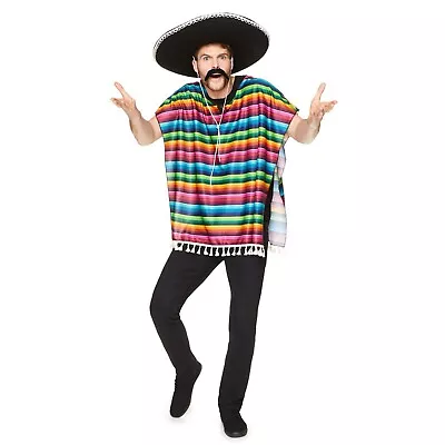 Adults Mexican Blue Poncho  Bandit Wild Western Theme Party Fancy Dress Costume • £16.99