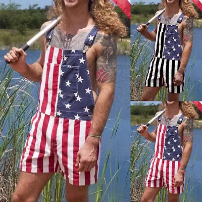 Men's American Flag Print Dungarees Bib Jumpsuits Pants Overalls Playsuit Shorts • $17.99