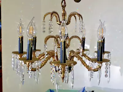 Vintage 8 ARM Spanish Brass/Crystal Prism Chandelier Ceiling Light Fixture • $425