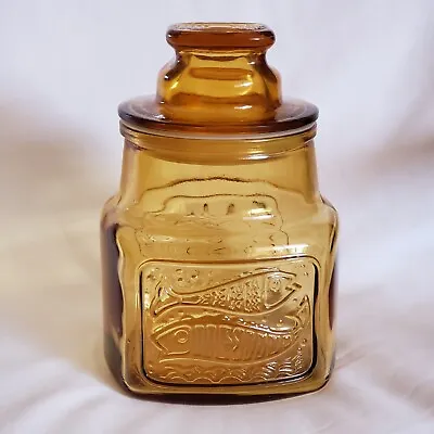 Wheaton Amber Colored Glass Candy Jar Dual Embossed Fish And Hearts Pisces Vtg • $25.75