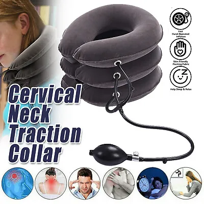 Cervical Neck Traction Collar Portable Inflatable Device Care Neck Massage Grey • £10.91