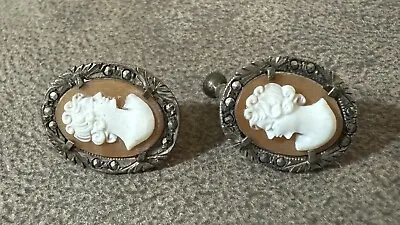 Vintage 800 Silver & Marcasite Carved Shell  Cameo 3/4” Screw Back Earrings • $18