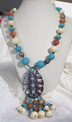 Vintage Miriam Haskell Turquoise Beaded Dangle Pendant Necklace • $225