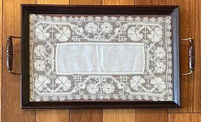 Vtg Wooden Tray W/ Lace Under Glass W/ Brass & Wooden Handles 17.75 X 11  French • $35.99