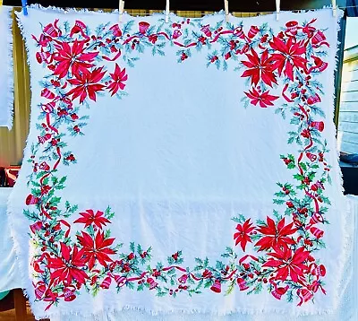 $35 • Buy VINTAGE  Mid-century CHRISTMAS Poinsettia, Red Bows, Bells Holly, Tablecloth 47”