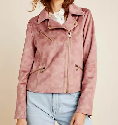 Anthropologie Moto Jacket Womens Extra Small XS Pink Crop Micro Suede Leather • $49.97