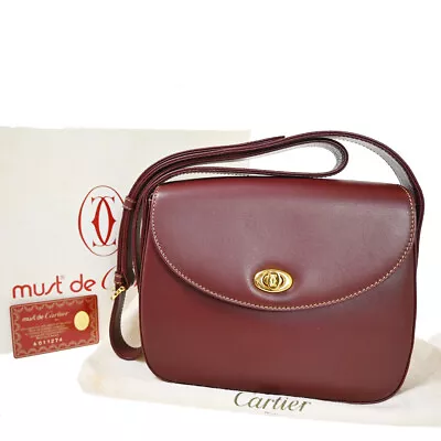 MUST DE CARTIER 2C Logo Shoulder Bag Leather Bordeaux GHW Italy 33YE154 • $358