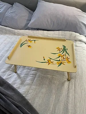 1940s Vintage Large Painted Adjustable Tilting Wooden TV Bed Tray Yellow Floral • $30