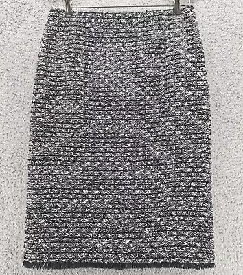 J Crew Pencil Skirt Size 4 Black White Tweed Knee Length Fringed Hem AGL0386 • $17.95