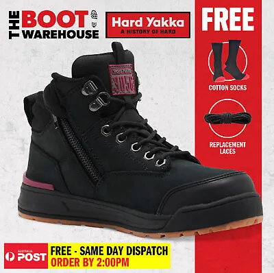 Hard Yakka Y60245 Work Boots BLACK Women's Steel Cap Safety Lace-Up & Zip Side • $132.95