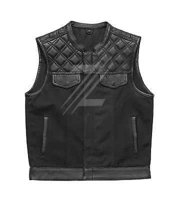 Men's Canvas Cowhide Leather Vest Classic Diamond Quilted Motorcycle Bikers Vest • $162