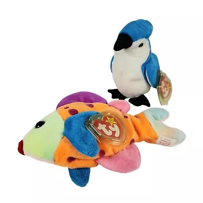 Ty Beanie Babies Plush Lot 2 Stuffed Animal Lips Fish Rocket Blue Jay Vtg 1990s • $14.99