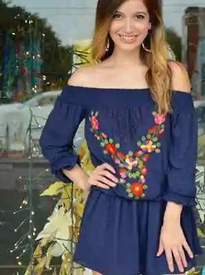 $23 • Buy Vava By Joy Han Dress Navy Embroidery Floral Panel Waist Off Shoulder $85 Size S