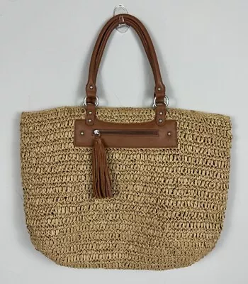 J. Jill Boho Paper Straw Handbag Leather Handle Tassel  XL Tote Beach Travel • $31.37