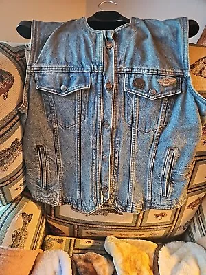 Vintage Harley Davidson Denim Vest Sz LARGE Men’s Biker Blue With Pins • $18