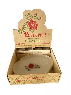 Rose Crest Milk Glass Snack Set Red Rose 4 Teacups 4 Plates Vintage With Box • $24.99