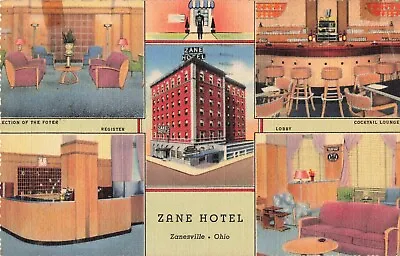 Zane Hotel Zanesville Ohio OH Interior Lobby Cocktail Lounge Linen 1941 Postcard • $4.59