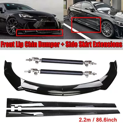 Glossy Black Car Front Bumper Lip Spoiler & 86.6  Side Skirt Splitter Universal • $214.99