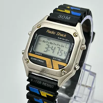 Vintage 1980s Men's RADIO SHACK Digital LCD Alarm Timer Silver Tone Sport Watch • $29.99