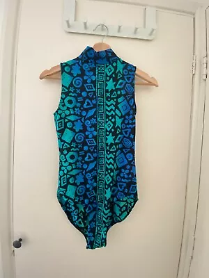 Dancing Costume Lycra Green Blue Patterned Keyhole Leotard Size 4 • £12.99