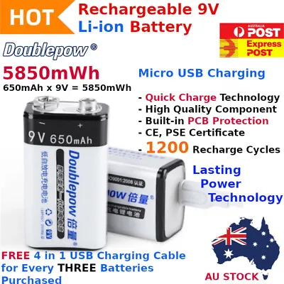 9v USB Rechargeable Lithium Li-Ion Battery 5850mWh Smoke Alarm 1200 Cycles • $13.99